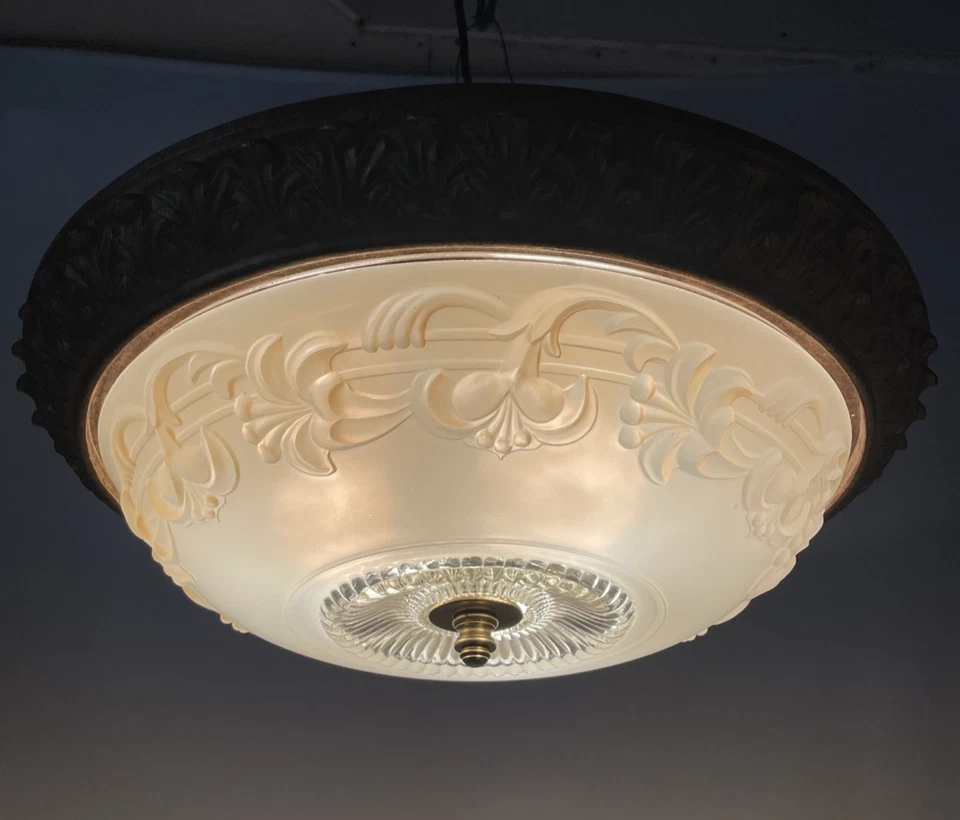 REWIRED 19" Large Vtg Semi Flush Mount Ceiling Light Glass Art Deco, 20s 30s 40s - Image 2 of 4