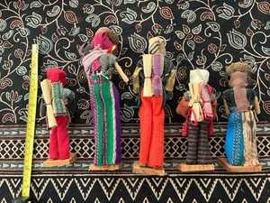 Set of 5 Made in Guatemala Vintage Wood, Fabric, and Paper Figurines Family of 5