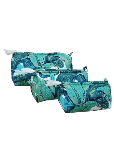 Indian Green Leaf Cotton Quilted Toiletry Purse Cosmetic Storage Bag Of 3 Pc US