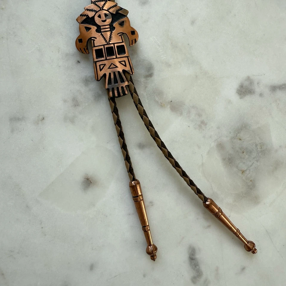 Corbata vintage de cobre sureste Thunderbird Bolo cuero trenzado azteca suroeste Foto 2 de 4