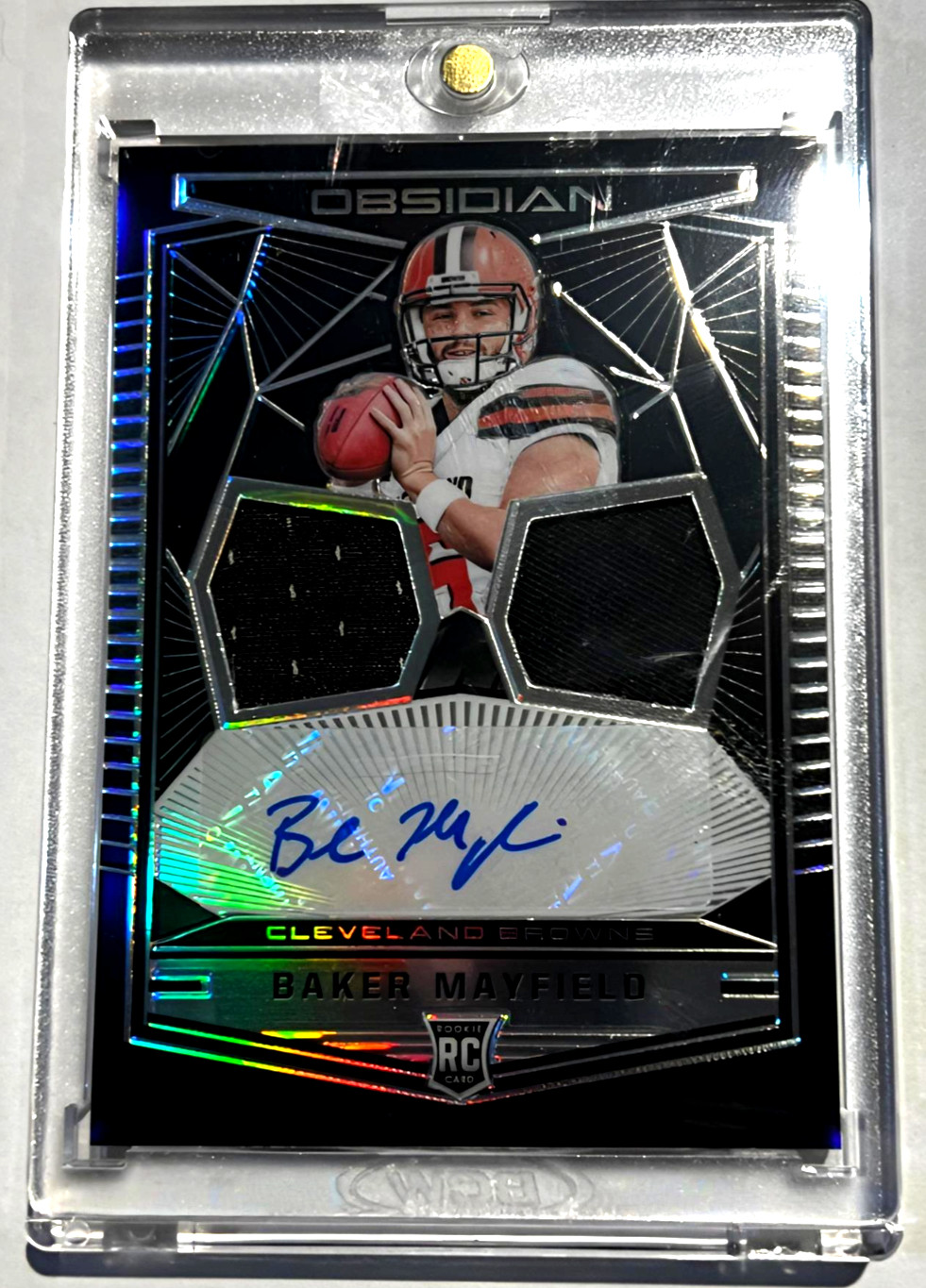 2018 Obsidian Baker Mayfield RC Jersey Ink Dual Relics RPA  /75 Auto (AU)