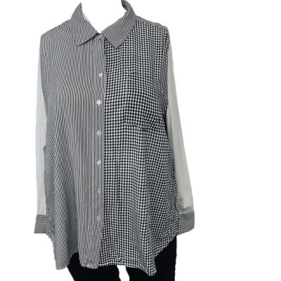 Lane Bryant Blouse Top 22/24 Gingham Black White Button Up[ Long Sleeve Hi Lo