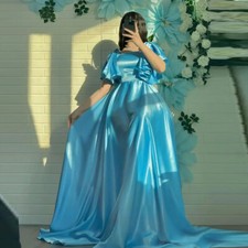 Square Neck Bright Blue Evening Dresses Blue Puff Short Sleeves Satin Prom Gowns