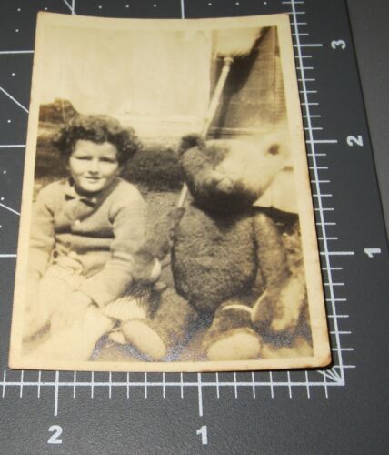Boy w HUGE EARLY TEDDY BEAR Toy Stuff Animal Size of Child Steiff? Vintage PHOTO - Picture 1 of 1