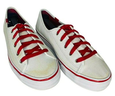 Keds White Low Top Canvas Lace Up Sneakers With Red Trim Laces Women's 