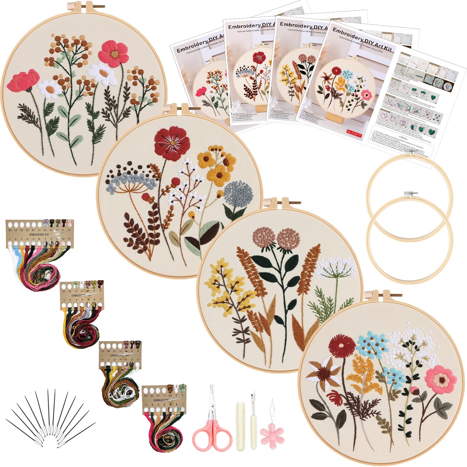 4 Sets Embroidery Kit for Beginner Adults with Pattern and Instructions