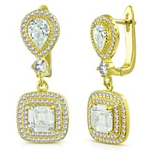 925 Sterling Silver Yellow Gold-Tone Square Teardrop CZ Dangle Earrings
