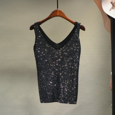 Damen Unterhemd Tank Top Kristall Glitter Bling Tiefer V
