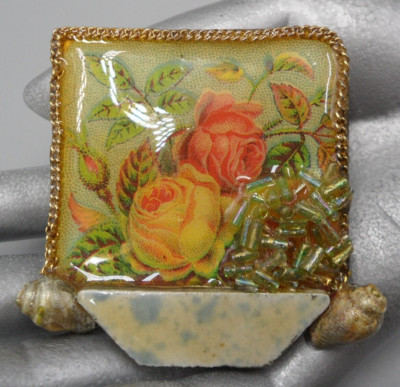 Vintage Art Collage Brooch Still Life Roses Shell Paper Glass Original MLXX 1990