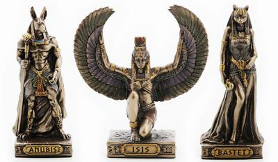 Ägyptische Bronze Miniatur Statuen 3er Set Isis Anubis und Bastet