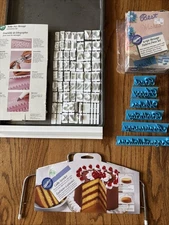NOS Wilton 3 Pc Lot: Script Message Pattern Press, Make-Any-Mesage, Cake Leveler