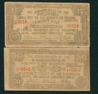 (2 NOTES) 25 50 Pesos 1942 Commonwealth of the Philippines Emergency Currency