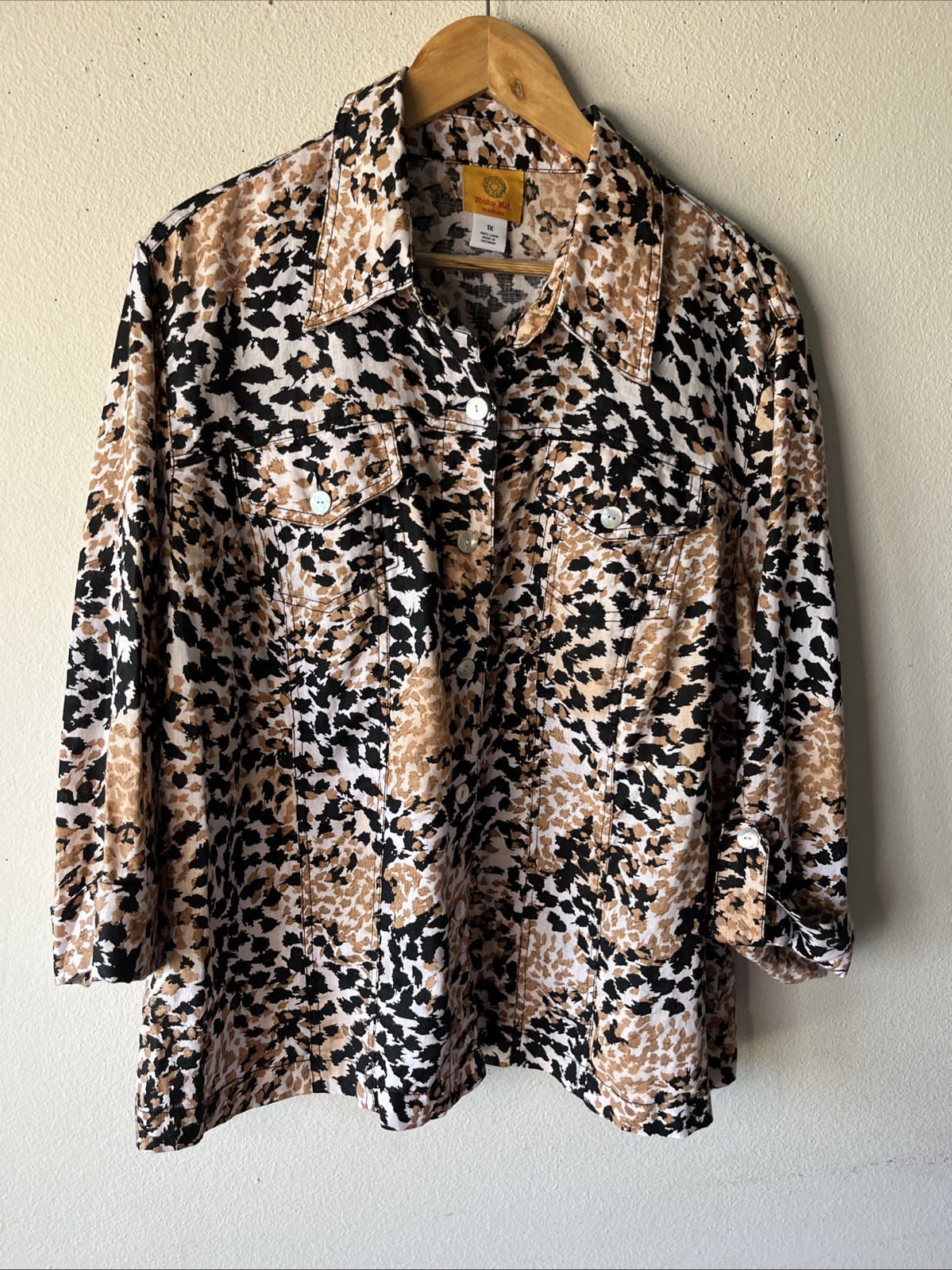 Ruby Rd. Collared Linen Brown Black Button Down N… - image 2