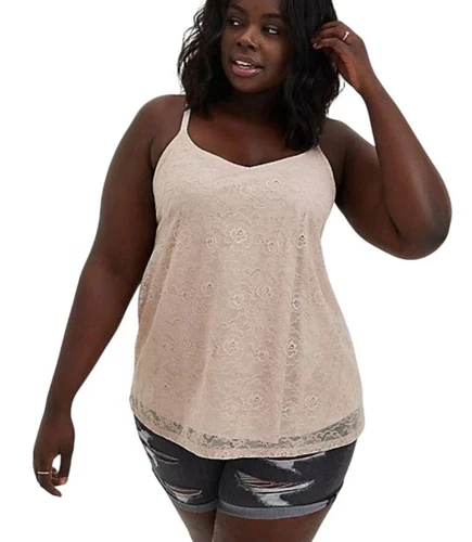 Torrid Tan Beige Mushroom Floral Lace Adjustable Cami Tank Top - Size 2X