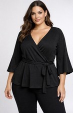 Boohoo Black Ribbed V-Neck Peplum Wrap Top W/flare 3/4 Sleeves Size 16 Goth EUC