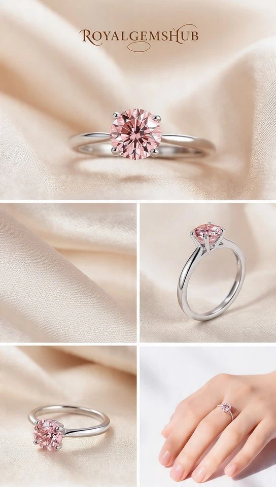 💍 Anillo de diamantes naturales color rosa corte redondo de 2 quilates en banda de plata de ley 925 Foto 2 de 4