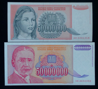 Yugoslavia UNC & A/UNC 50 000 000 Dinara Notes. (1993). Pick #'s; 123 & 133.