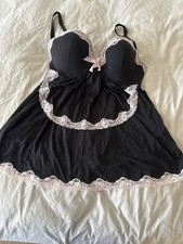 Victoria's Secret Babydoll Slip Black With Pink Lace Trim Bow Back 36D NWOT