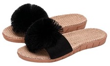 Caistre Women's House Slippers Open Toe Linen Flat Slide Sandals Fluffy...