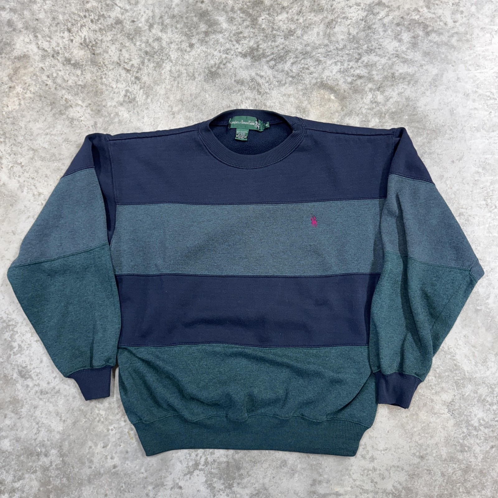 Knights of Round Table Sweatshirt Mens Medium Navy Teal Crewneck Striped Bunny