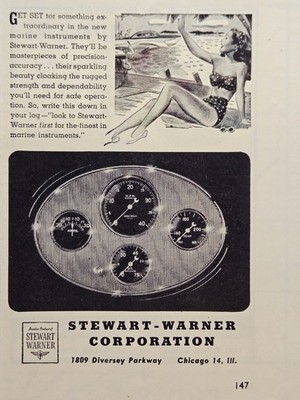 1946 Stewart-Warner Marine Instrument Cluster Print Ad - Bathing Beauty Boating