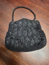 Vintage Black Beaded Evening Bag with A Kiss-clasp Closure Made In Japan 1950s