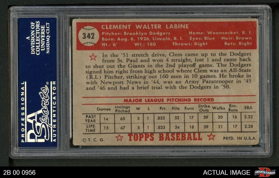 1952 Topps #342 Clem Labine Dodgers RC PSA 2 - GOOD - Image 2 of 2