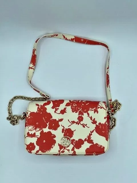 Tory Burch Robinson Printed Floral Chain Fire Orange Saffiano Leather  Crossbody