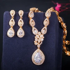 Luxury Fashion 585 Gold CZ Drop Necklace Earrings Set for Bridal Dress Jewelry