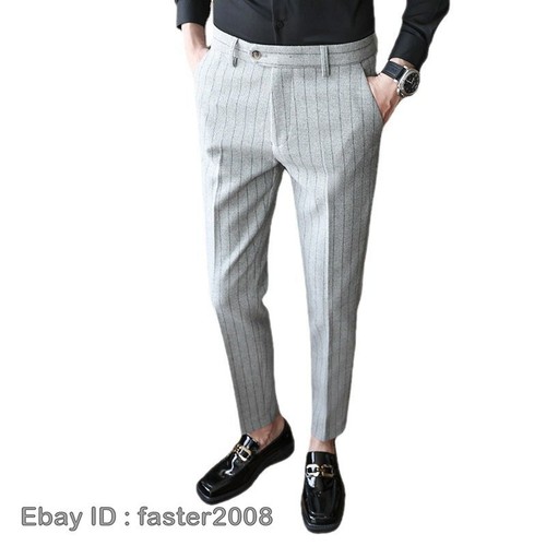 Para hombre Estilo Británico Mezcla de Lana Traje Pantalones a Rayas Negocios Informales Pantalones Retro - Imagen 6 de 20