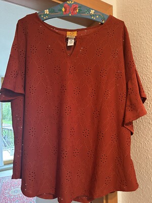 Oberteil Bluse Ruby Road 2XL WIE Neu Rot Orange Doppellagig Stickmuster Kurzarm