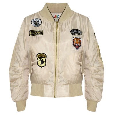 Kids Girls Jacket Badges Print Bomber Padded Zip Up Biker Jacktes MA 1 Coat 3-13