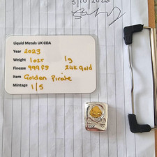 Liquid Metals UK Golden Pirate 1oz .999 Silver  1g 24K Gold Bar - With COA 1-5