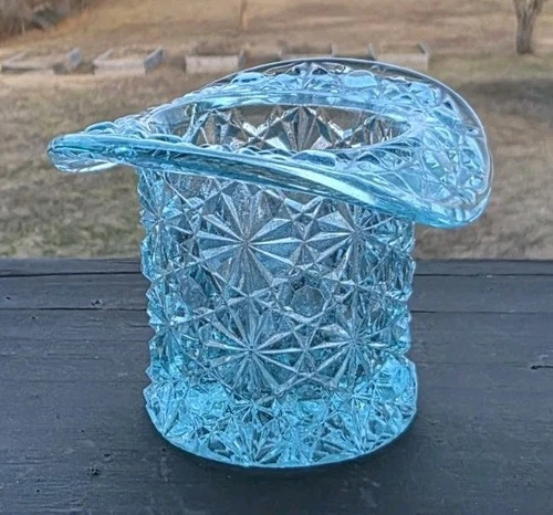 Vintage Fenton Light Blue Daisy Button Glass Hat Toothpick Matchstick Holder