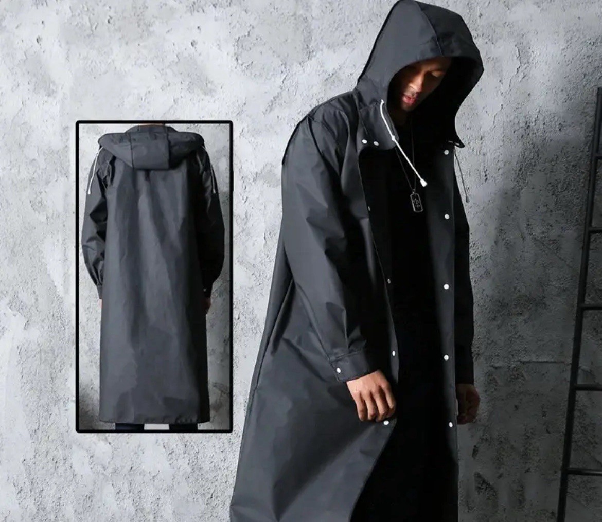 Men Black Waterproof Long Rain Coat Hooded Trench Jacket Outdoor