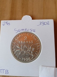 Monnaie 2 FRANCS 1908 SEMEUSE ARGENT EN TTB.