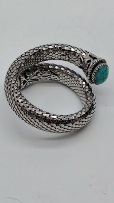 Vintage Turquoise Cabochan Ends Whiting & Davis Silver Coil Wrap Mesh Bracelet