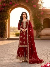Beautiful Silk Maroon Palazzo Suit With Dupatta For Indian Functional Wear