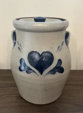 Rowe Pottery Works Lidded 10.5” Canister/Crock 1996 Blue Heart Design Salt Glaze