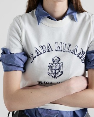 PRADA White Cotton Navy College Logo Distressed Print Knit Jersey Top T-Shirt M