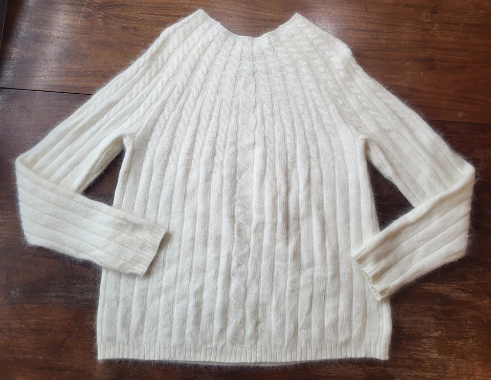 Suéter Pullover Tejido con Cable Mezcla Angora De Colección Talla L Marfil Crema Blanco Ciervo Foto 2 de 4