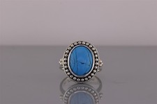 Sterling Silver Beaded Bezel Oval Blue Turquoise Band Ring 925 Sz: 7