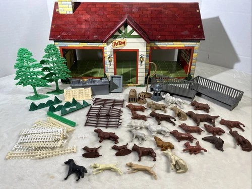 Vintage Marx Pet Shop W/ Cats Dogs & Accessories Lot Tin Litho Tin Litho 1950s