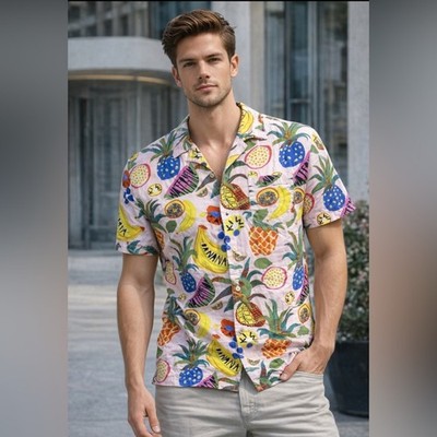 Soul Star Tropical Fruit Print Button Up Shirt Pink Pineapple Banana Size Medium