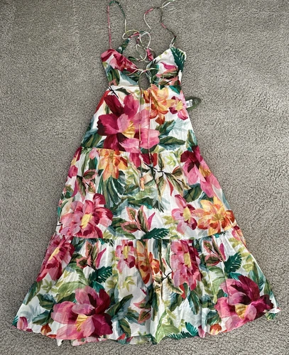 OFF WHITE Maxi abito Farm Rio bianco sporco fiori dipinti taglia XL a strati tropicali nuovo con etichette 280€