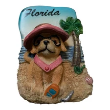 Vintage Florida Puppy On The Beach Fridge Magnet Souvenir Dog 3D Palm Tree Hat