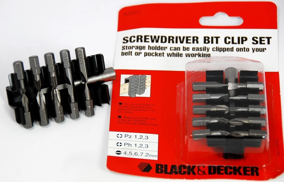 BLACK & DECKER SCREWDRIVER BIT CLIP SET - 10 PIECES + MAGNETIC BIT HOLDER + CLIP