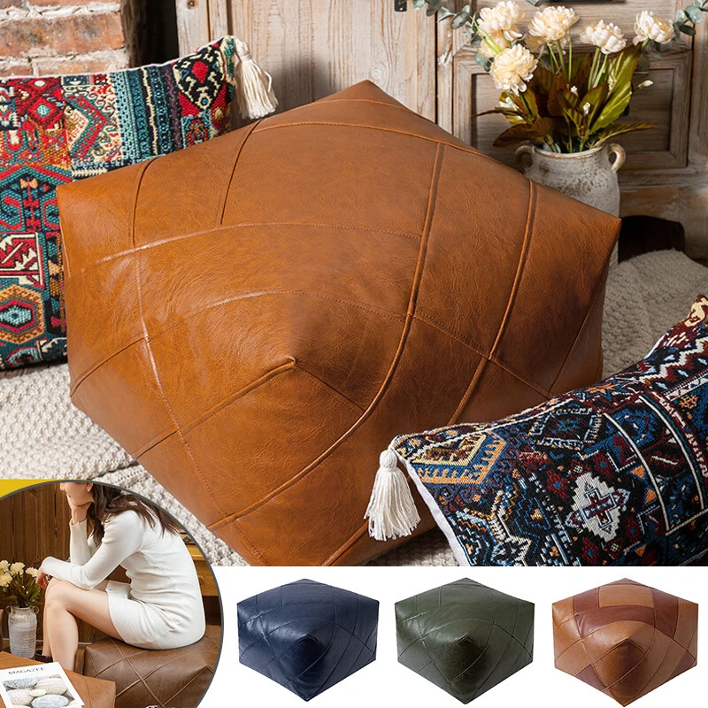 Unstuffed Moroccan PU Leather Footstool Cover Weave Grain Pouffe Cushion Seat - Image 2 of 4