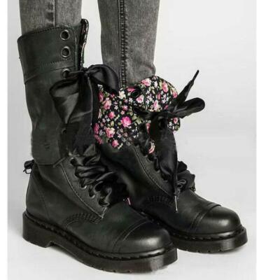 UK Womens Lace Up Mid Calf Boots Fold Over Cuff Floral Lined Combat Ankle  Shoes UK