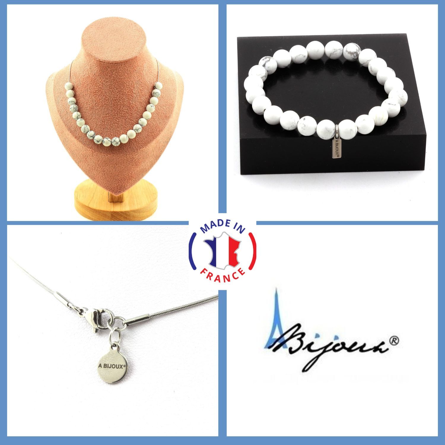 Pierres et Minéraux parure Howlite 8mm avec bracelet 20 perles et collier chaine argentée